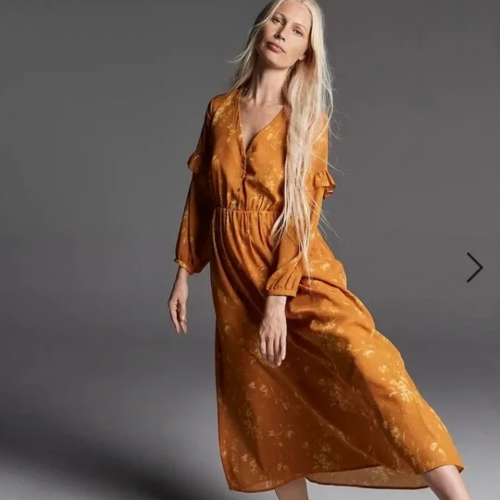 Ruffle-Sleeve Floral Button-Front Dress in Tonal Botanical Gold Yellow Size 2